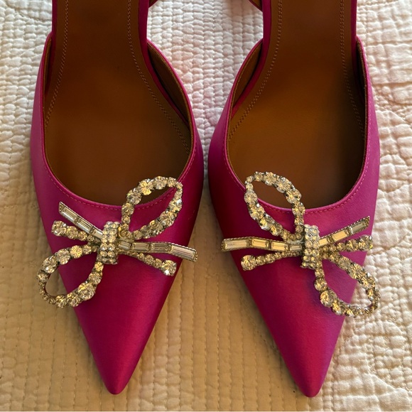 Amina Muaddi Rosie Pink Satin Sling Back Heels with Crystal Bow Size 40 - Picture 2 of 7